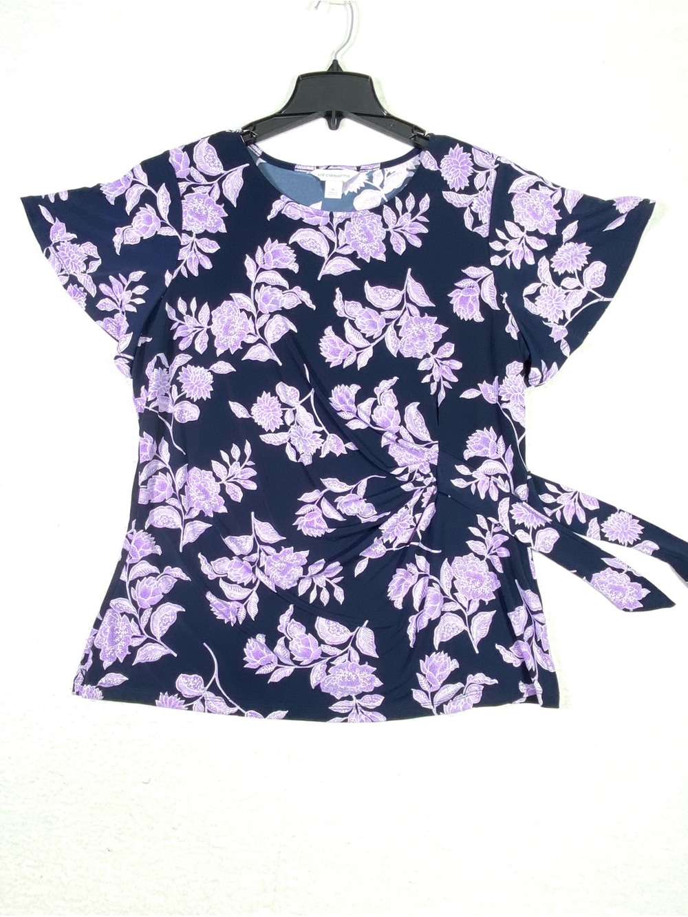 Liz Claiborne Floral Side Tie Blouse Women's XL Navy Purple Short Sleeve Classic